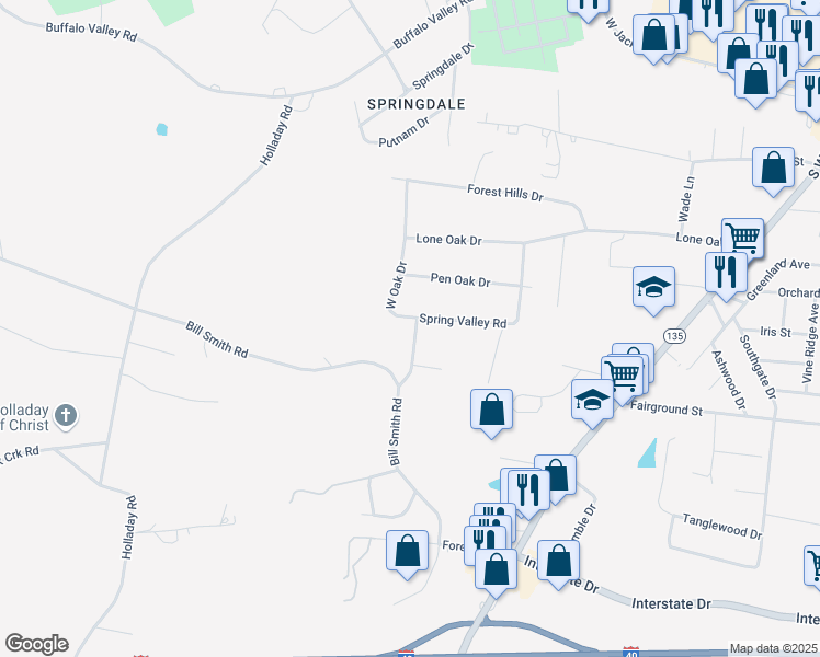 map of restaurants, bars, coffee shops, grocery stores, and more near 791 West Oak Drive in Cookeville