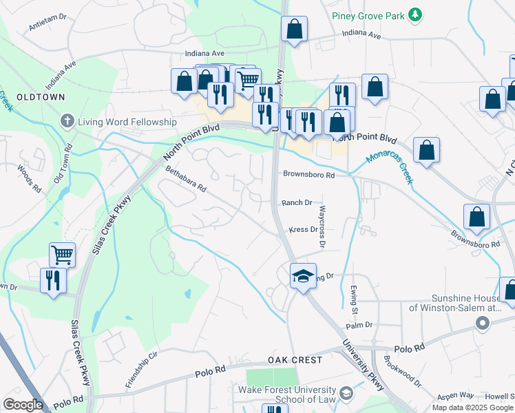 map of restaurants, bars, coffee shops, grocery stores, and more near 433 Scholastic Drive in Winston-Salem