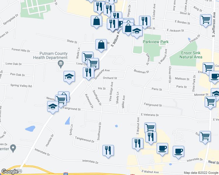 map of restaurants, bars, coffee shops, grocery stores, and more near 761 Iris Street in Cookeville
