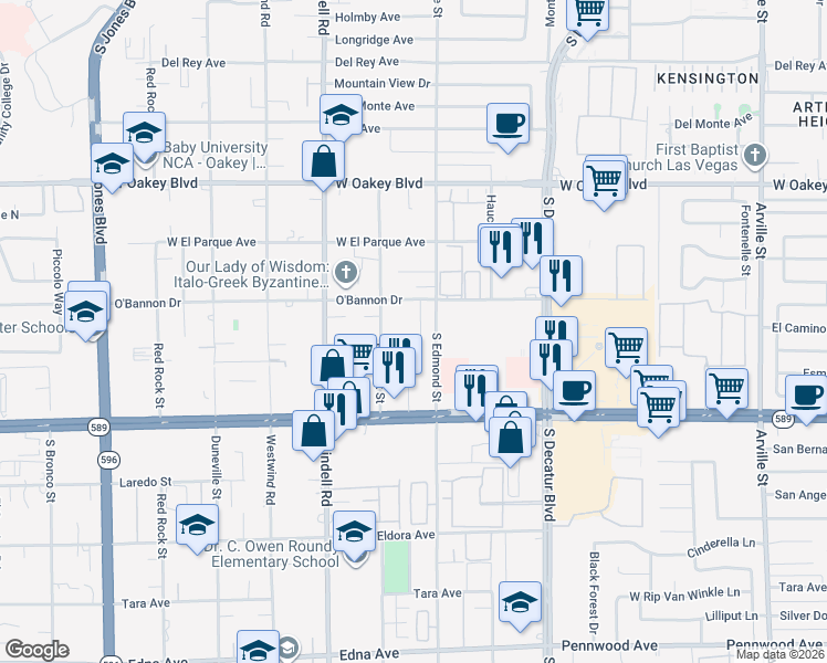 map of restaurants, bars, coffee shops, grocery stores, and more near 2117 Mission Peak Circle in Las Vegas