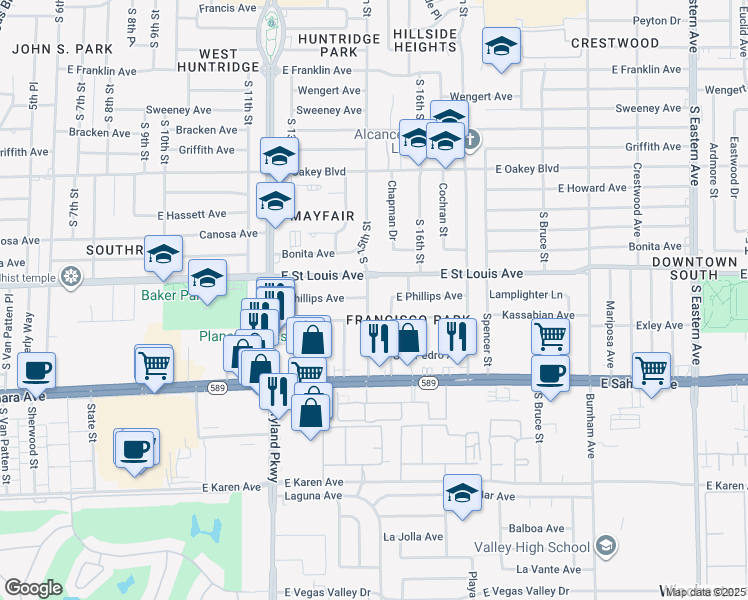 map of restaurants, bars, coffee shops, grocery stores, and more near 2105 South 15th Street in Las Vegas