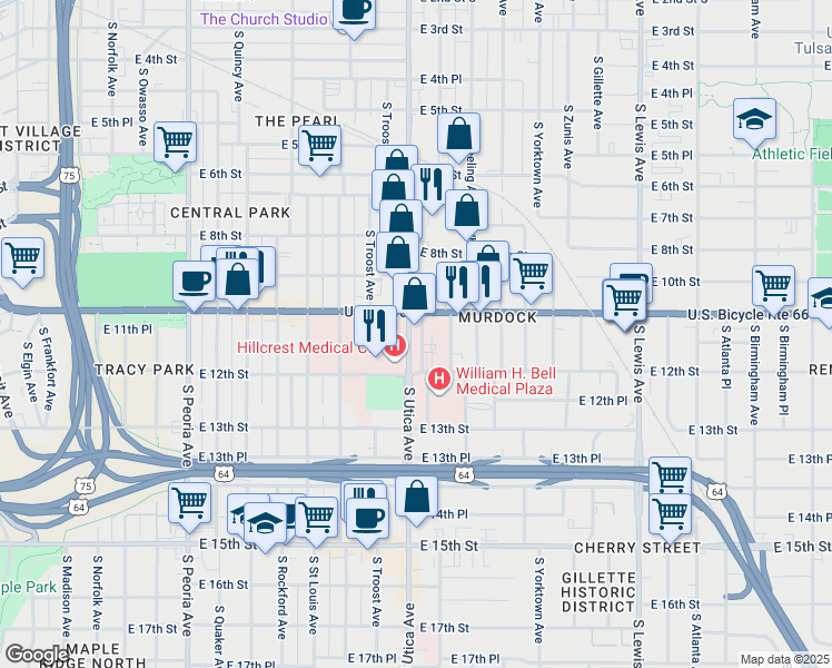 map of restaurants, bars, coffee shops, grocery stores, and more near 1111 South Utica Avenue in Tulsa