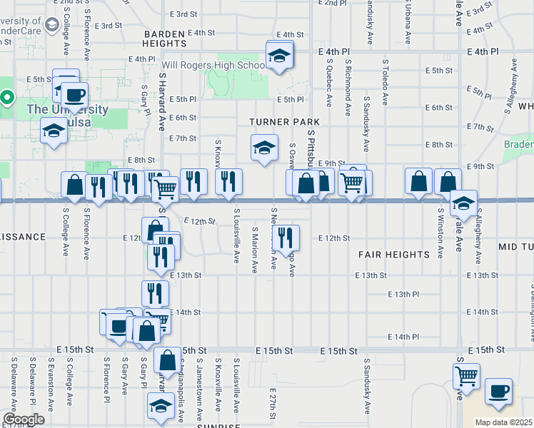 map of restaurants, bars, coffee shops, grocery stores, and more near 3817 East 11th Place in Tulsa