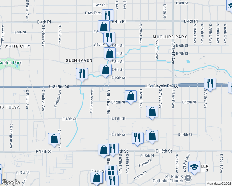 map of restaurants, bars, coffee shops, grocery stores, and more near 1111 South Sheridan Road in Tulsa