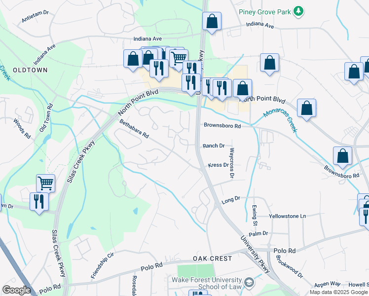 map of restaurants, bars, coffee shops, grocery stores, and more near 431 Scholastic Drive in Winston-Salem
