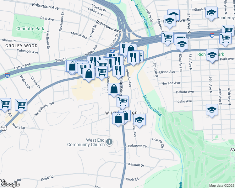 map of restaurants, bars, coffee shops, grocery stores, and more near 331 White Bridge Pike in Nashville