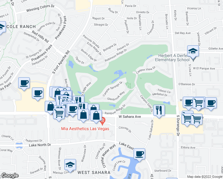 map of restaurants, bars, coffee shops, grocery stores, and more near 8905 Canyon Springs Drive in Las Vegas