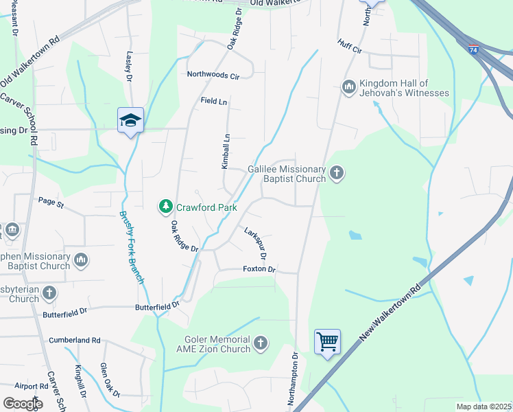 map of restaurants, bars, coffee shops, grocery stores, and more near 4008 Oak Ridge Drive in Winston-Salem