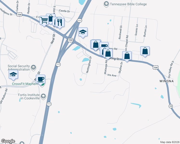 map of restaurants, bars, coffee shops, grocery stores, and more near 938 Nottingham Drive in Cookeville