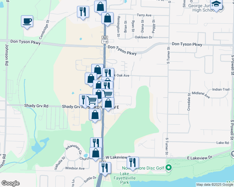 map of restaurants, bars, coffee shops, grocery stores, and more near 500 Fairway Circle in Springdale