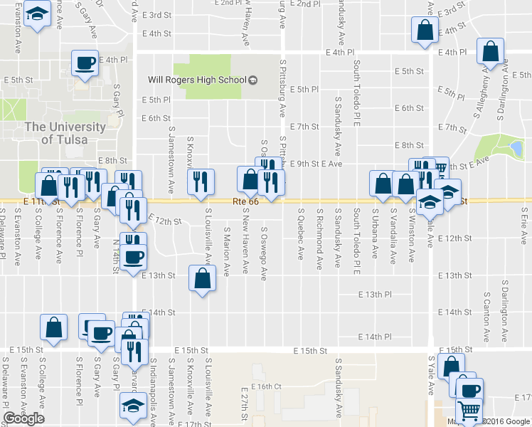 map of restaurants, bars, coffee shops, grocery stores, and more near 4001 East 11th Place in Tulsa