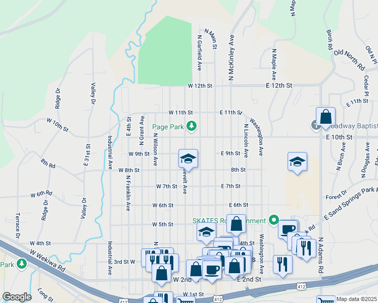 map of restaurants, bars, coffee shops, grocery stores, and more near 901 North Roosevelt Avenue in Sand Springs
