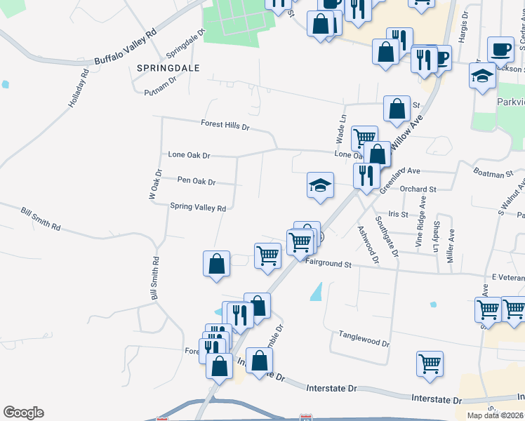map of restaurants, bars, coffee shops, grocery stores, and more near 752 Contraband Lane in Cookeville