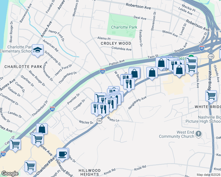 map of restaurants, bars, coffee shops, grocery stores, and more near 425 Westboro Drive in Nashville