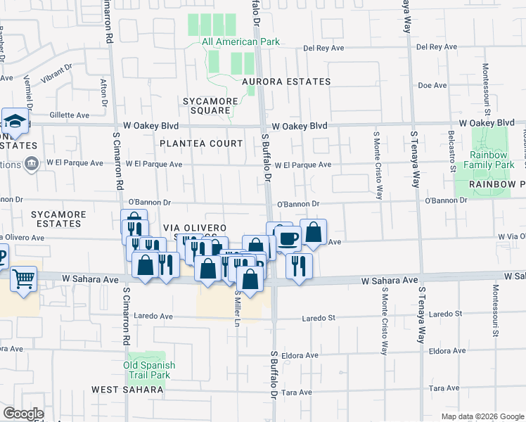 map of restaurants, bars, coffee shops, grocery stores, and more near 2101 S Buffalo Dr in Las Vegas