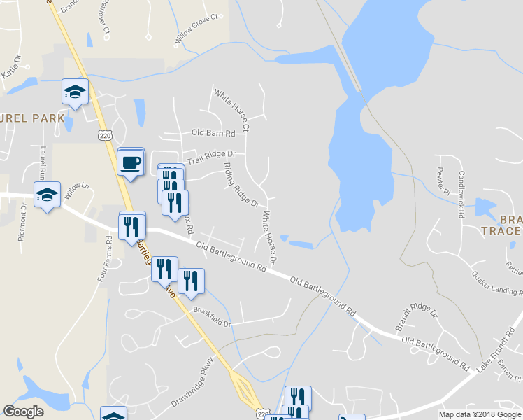 map of restaurants, bars, coffee shops, grocery stores, and more near 4809 White Horse Drive in Greensboro