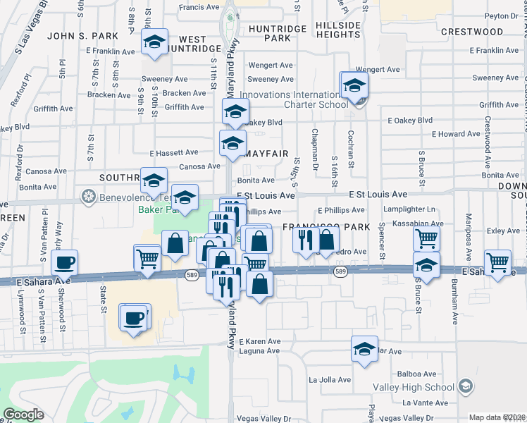 map of restaurants, bars, coffee shops, grocery stores, and more near 1300 East Phillips Avenue in Las Vegas