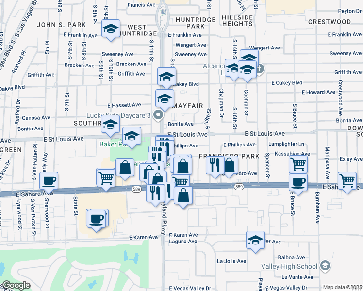 map of restaurants, bars, coffee shops, grocery stores, and more near 1300 East Phillips Avenue in Las Vegas