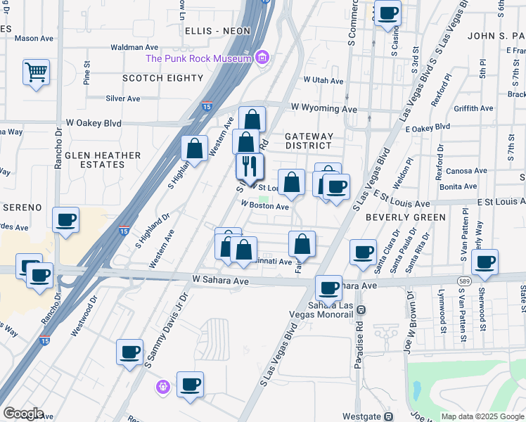 map of restaurants, bars, coffee shops, grocery stores, and more near 316 West Baltimore Avenue in Las Vegas
