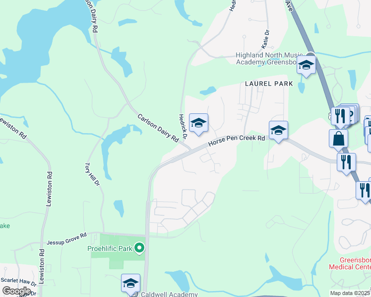 map of restaurants, bars, coffee shops, grocery stores, and more near 3202 Horse Pen Creek Road in Greensboro
