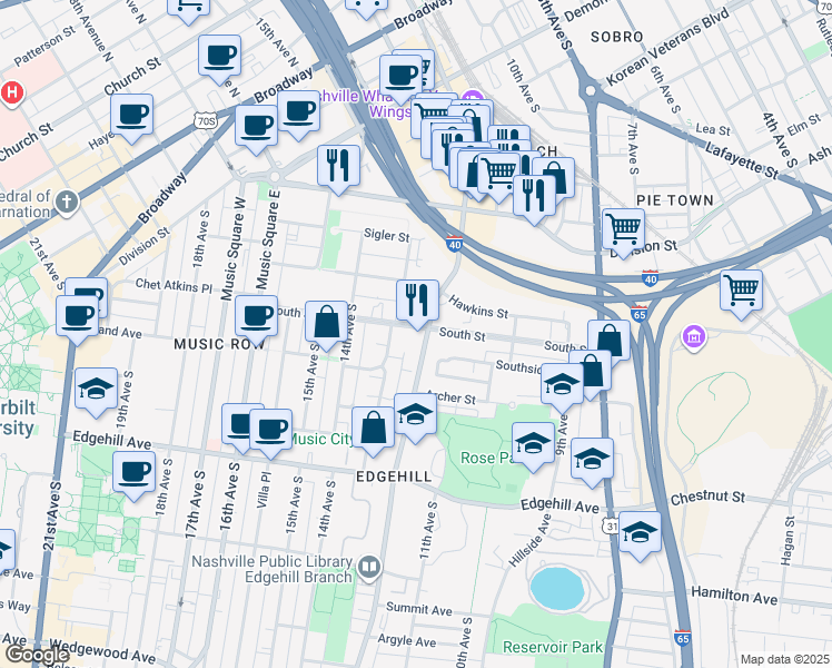 map of restaurants, bars, coffee shops, grocery stores, and more near in Nashville