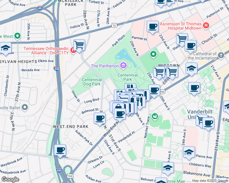 map of restaurants, bars, coffee shops, grocery stores, and more near 700 28th Avenue North in Nashville