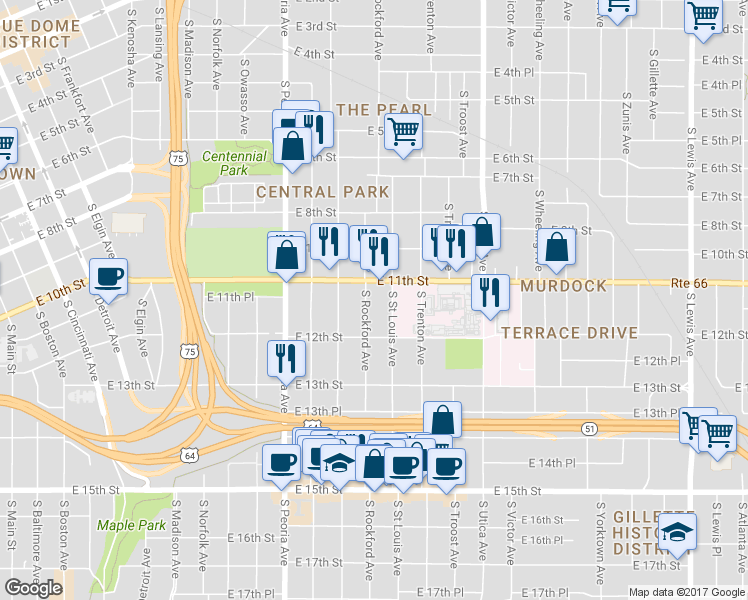 map of restaurants, bars, coffee shops, grocery stores, and more near 1124 South Saint Louis Avenue in Tulsa