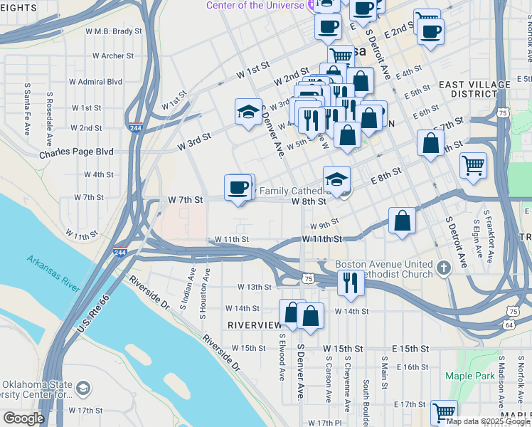 map of restaurants, bars, coffee shops, grocery stores, and more near 410 West 7th Street in Tulsa