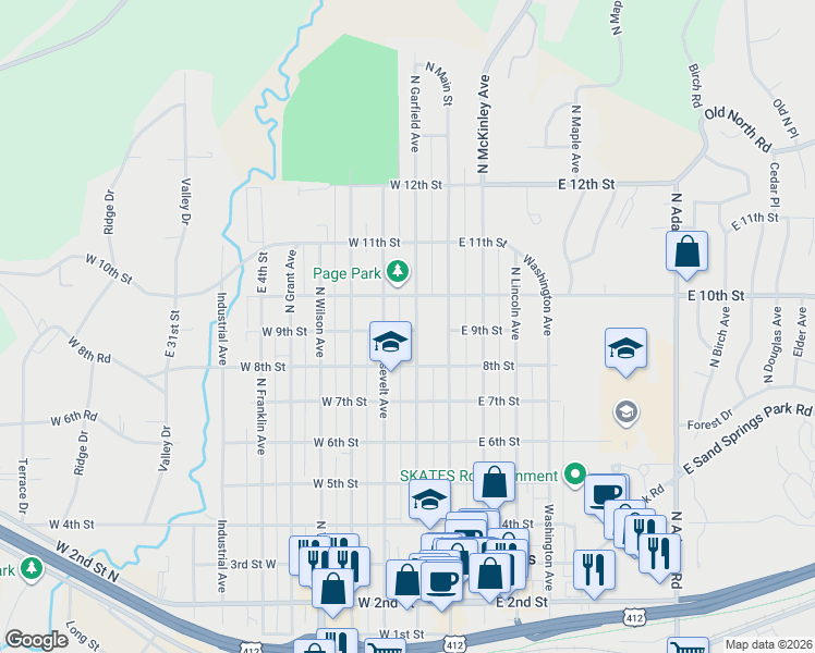 map of restaurants, bars, coffee shops, grocery stores, and more near 901 North Roosevelt Avenue in Sand Springs
