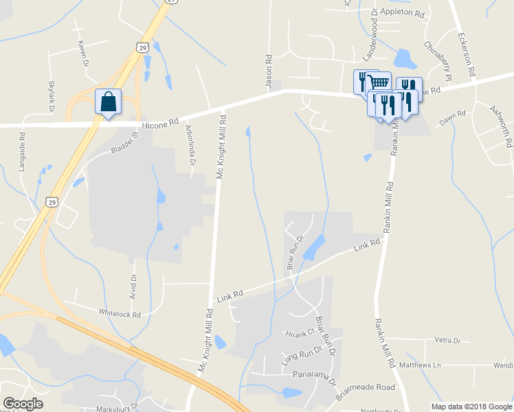 map of restaurants, bars, coffee shops, grocery stores, and more near 4612 McKnight Mill Road in Greensboro
