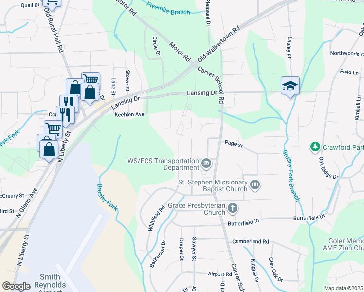 map of restaurants, bars, coffee shops, grocery stores, and more near 4225 Whitfield Road in Winston-Salem