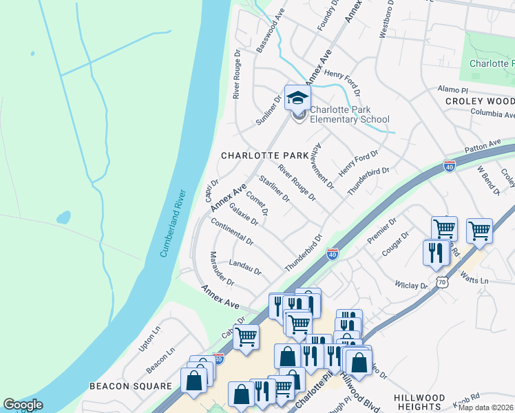 map of restaurants, bars, coffee shops, grocery stores, and more near 620 Galaxie Drive in Nashville