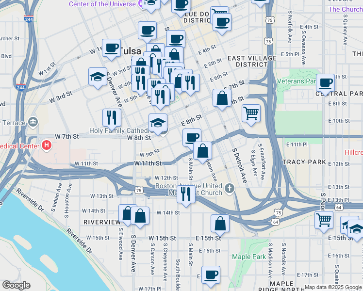 map of restaurants, bars, coffee shops, grocery stores, and more near 902 South Main Street in Tulsa