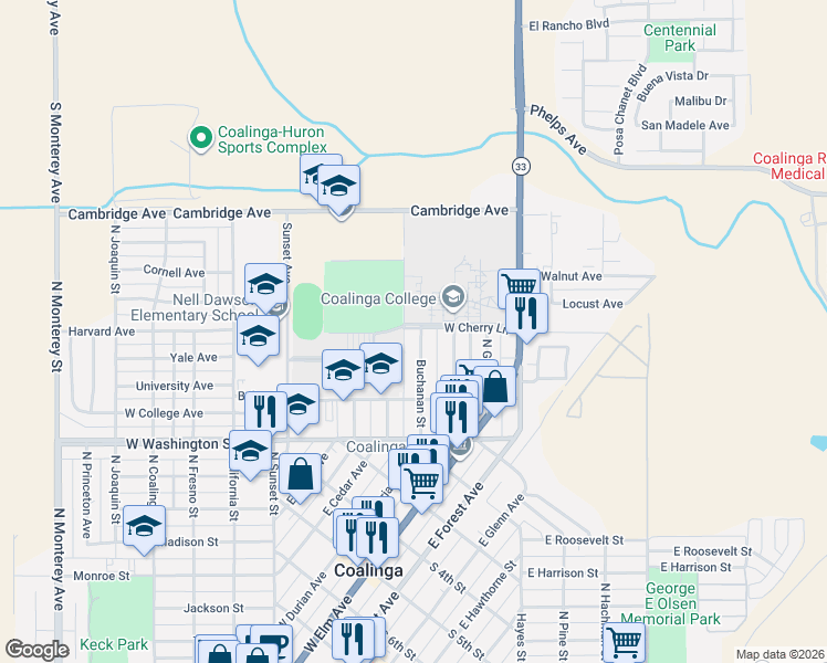 map of restaurants, bars, coffee shops, grocery stores, and more near 277 Buchanan Street in Coalinga