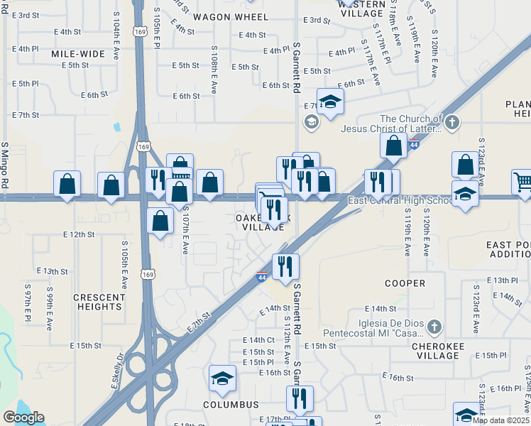 map of restaurants, bars, coffee shops, grocery stores, and more near 1116 South Garnett Road in Tulsa