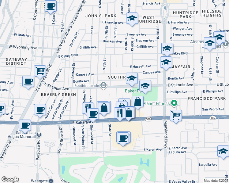 map of restaurants, bars, coffee shops, grocery stores, and more near 2004 Santiago Street in Las Vegas