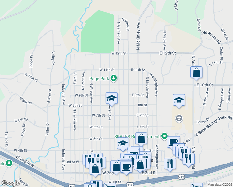 map of restaurants, bars, coffee shops, grocery stores, and more near 901 North Roosevelt Avenue in Sand Springs