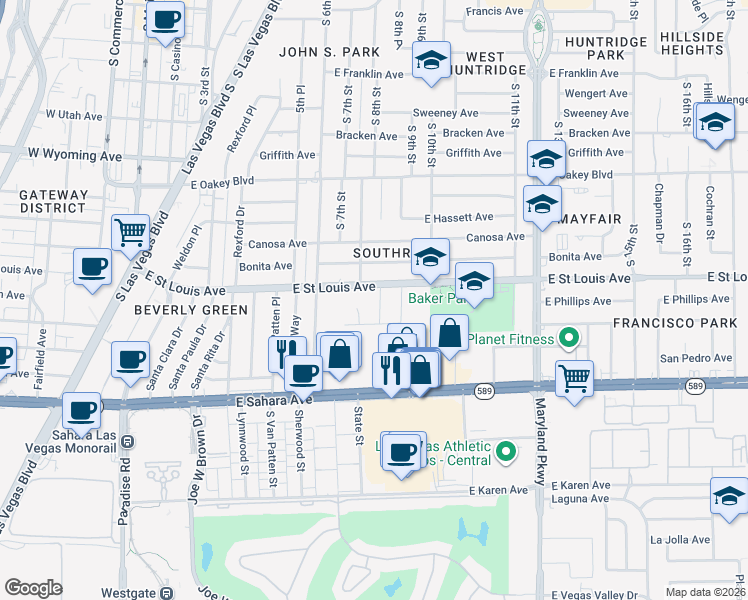 map of restaurants, bars, coffee shops, grocery stores, and more near 2004 Santiago Street in Las Vegas