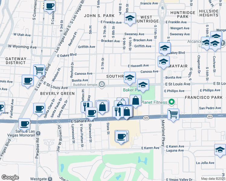 map of restaurants, bars, coffee shops, grocery stores, and more near 2004 Santiago Street in Las Vegas