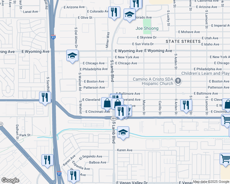 map of restaurants, bars, coffee shops, grocery stores, and more near 4214 East Baltimore Avenue in Las Vegas