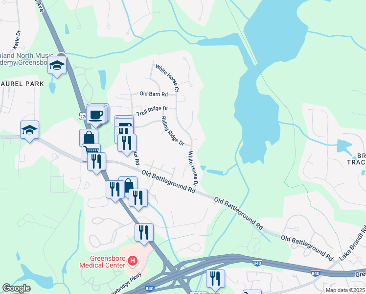 map of restaurants, bars, coffee shops, grocery stores, and more near 4903 Riding Ridge Drive in Greensboro