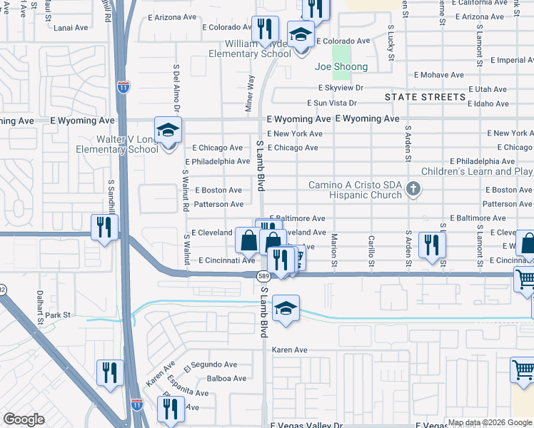 map of restaurants, bars, coffee shops, grocery stores, and more near 4214 East Baltimore Avenue in Las Vegas