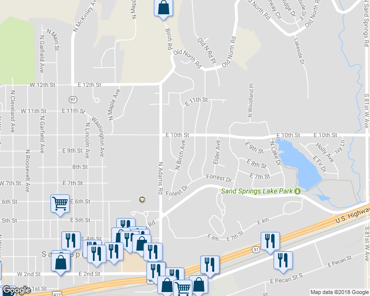 map of restaurants, bars, coffee shops, grocery stores, and more near 903 North Birch Avenue in Sand Springs