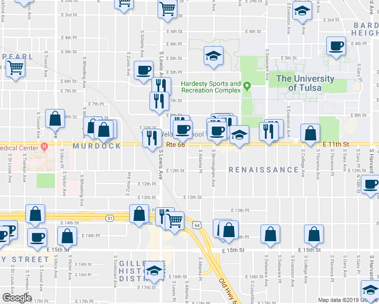 map of restaurants, bars, coffee shops, grocery stores, and more near 1115 South Atlanta Avenue in Tulsa