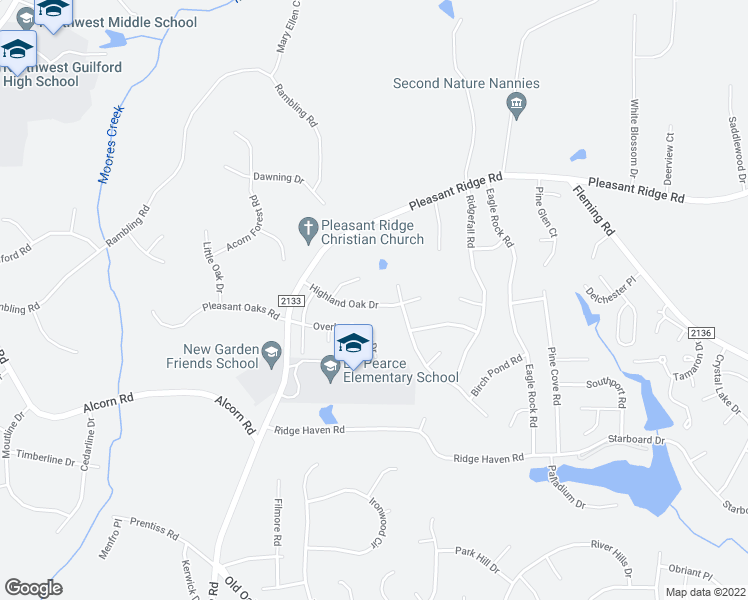 map of restaurants, bars, coffee shops, grocery stores, and more near 6506 Highland Oak Drive in Greensboro