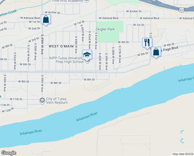 map of restaurants, bars, coffee shops, grocery stores, and more near 3932 West 8th Street in Tulsa