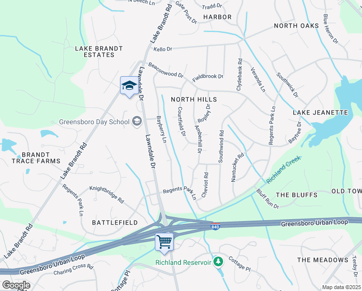 map of restaurants, bars, coffee shops, grocery stores, and more near 5 Cranwood Court in Greensboro