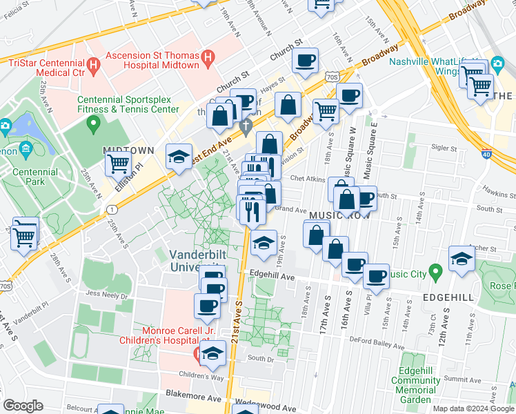 map of restaurants, bars, coffee shops, grocery stores, and more near 400 Tennessee 106 in Nashville
