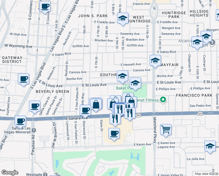 map of restaurants, bars, coffee shops, grocery stores, and more near 2005 Santiago Street in Las Vegas