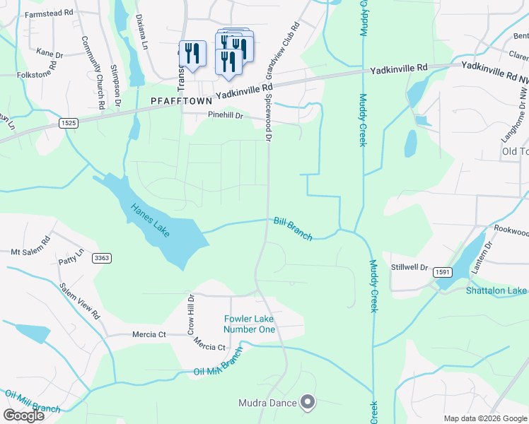 map of restaurants, bars, coffee shops, grocery stores, and more near 2774 Spicewood Drive in Forsyth County